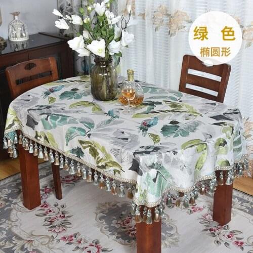 High-End green Long Oval Tablecloth with birds Table Home Foldable Retractable Purple Tassel Lace Classical Covering Cloth
