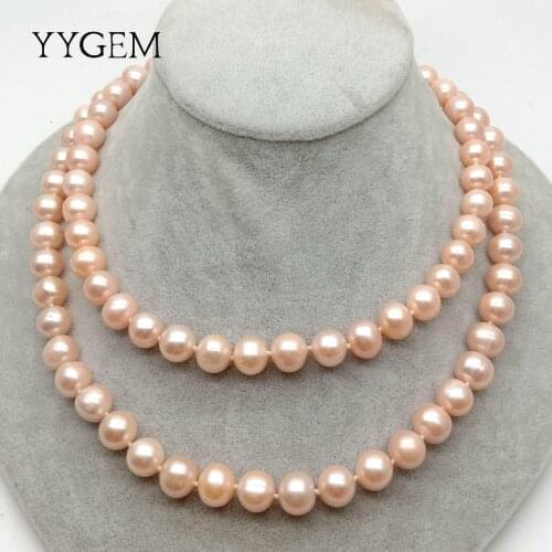 YYGEM Freshwater Cultured Pink Pearl Off Round Pearl Long Necklace 36"