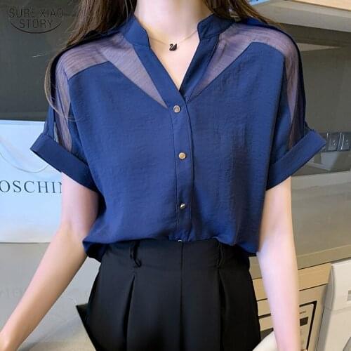 2021 Office Lady Blouse Fashion V-neck White Shirt Casual Women Clothing Solid Short Sleeve Mesh Tops Blusas Mujer De Moda 9635