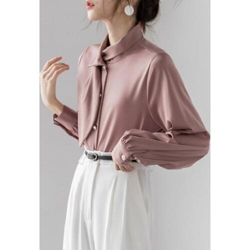 Pink Clothing for Women 2021 White Long Sleeve Button Spring Long Sleeve Shirts Blusas Female Tops Chiffon Bow Solid Stand 1011
