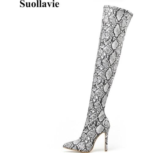 Print Snake Pu Women Over the Knee Boots Winter Zip Pointed Toe Footwear Thin High Heels Female Boot Shoes Women 2020 snakeskin