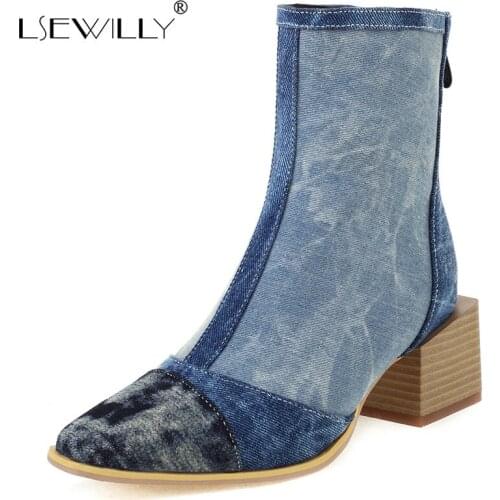 Lsewilly Black Blue Red Women Ankle Boots Comfortable Square Heel Round Toe Ladies Short Boots Dress Back Zipper Womens Boots