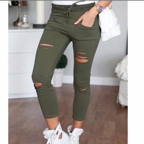 Women Fashion Cotton Hole Pencil Pants Skinny Nine Points Pants High Waist Stretch Jeans Slim Pants Capris Hot Sale S-4XL