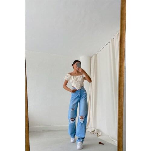 Womens Wide Leg Ripped jeans Baggy High Waist Disstressed Boyfriends Mom Denim DisstrStreetwear 2021 Female