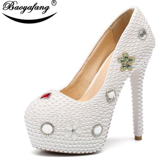 BaoYaFang 2019 New Arrive Wedding shoes Woman 14cm super High heels Round Toe Platform shoes Bridal Sweet Party dress shoes