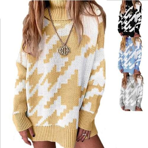 Yellow Blue Plaid Printed Sweater Women 2021 Autumn Winter New Stitching Turtleneck Sweater Winter Long Sweater Women Pullovers