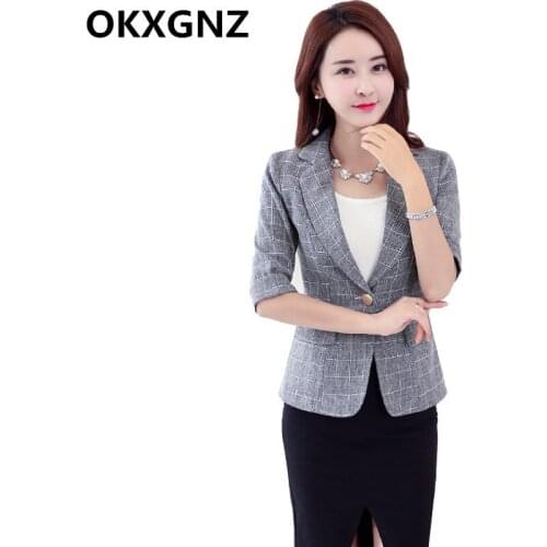 Fashion Plaid Blazer Women Slim OL Blazers Coat 2019 New Casual Summer Female Jacket Blazer Ladies Elegant Office Outerwear M12