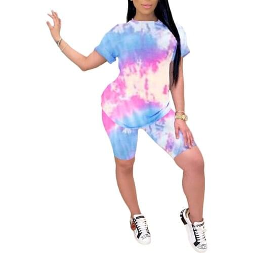 Women 2 Piece Set Sexy Tie Dye Print Running Clothes T-Shirt Tops+Short Pants Suit Sexy 2 Piece Set Women Tracksuit Sportswear