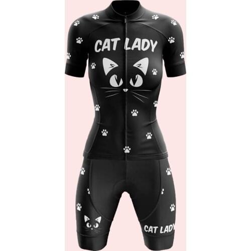 Cat Lady New black Cycling Jersey Set Short Sleeve Bib Shorts Gel Breathable Pad Maillot Ciclism Roupa Ciclismo Feminina