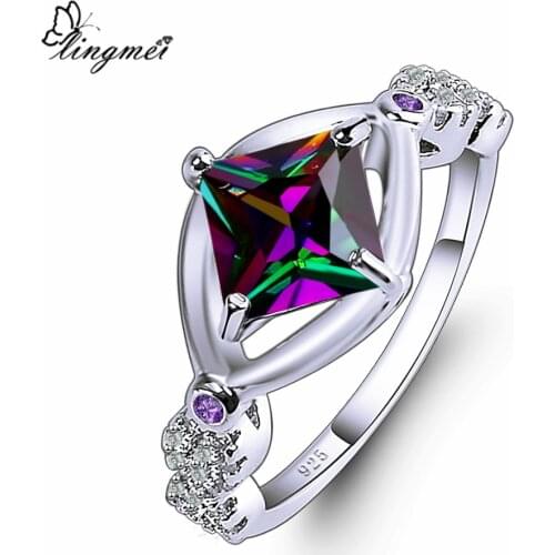 Lingmei New Hot Sell Princess Multi & Royal Blue Purple White CZ Silver Color Ring Size 6 7 8 9 High Quality Women Jewelry