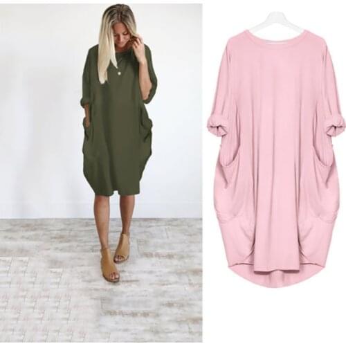 Spring Autumn Womens Fashion Pocket Loose Dress Ladies Solid Crew Neck Casual Long Tops Dress Oversize Vestido
