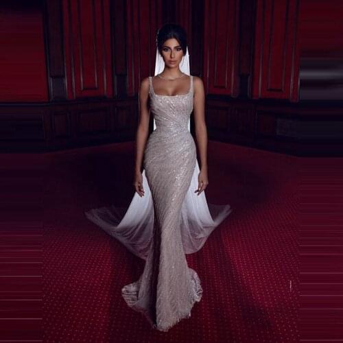 Elegant Spaghetti Strap Celebrity Long Evening Dresses Sequin Party Gowns Sexy Square Collar Prom Formal Dress Robe De Soiree