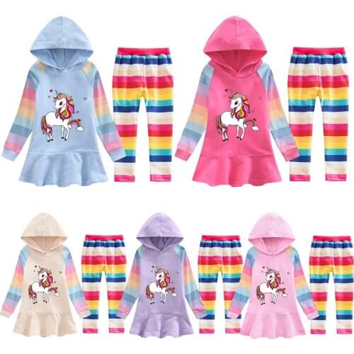 2021 Girls Long Sleeve Unicorn Top Hooded+Long Trousers 2 Pcs Filles Leggings Rainbow Unicorn Outfit Children Clothing Set