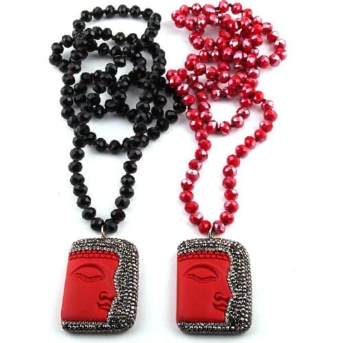 Free Shipping Fashion Jewelry Crystal Glass Long Knotted Handmake Paved Red buddha Pendant Necklaces Women Ethnic Necklace