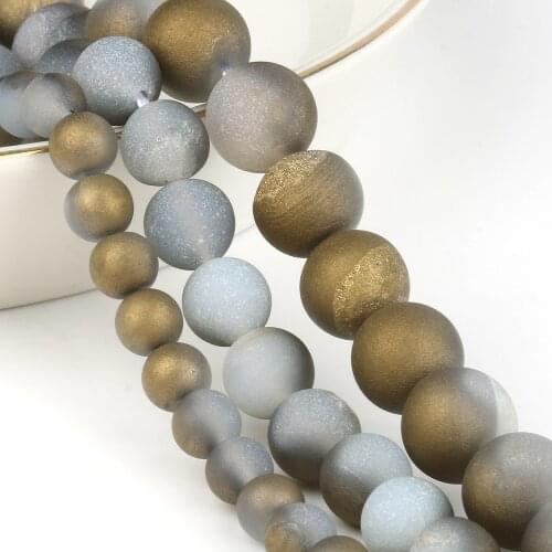 Matte Gray Gold Metallic Coated Druzy Agates Natural Stone Loose Beads for Jewelry Making DIY Necklace Bracelet 15"Stand 6-10mm