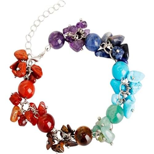 FYJS Unique Silver Plated Handmade 7 Colors Quartz Stone 8 mm Round Beads with Irregular Shape Gravel Bracelet Chakra Jewelry