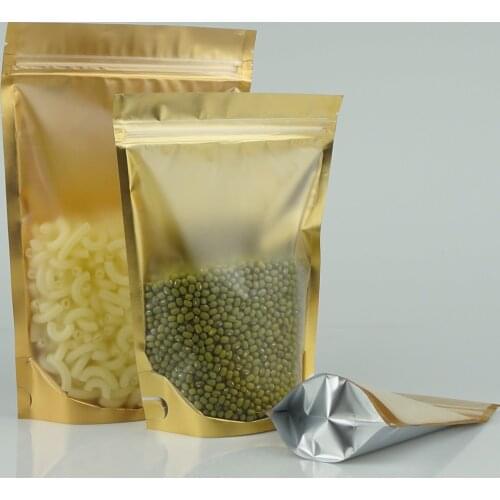 100X Stand Front Matte Clear Aluminium Ziplock Bag Inner Golden Zipper Reused Mylar Foil Plastic Zip Pouch Peanut Storage Packet