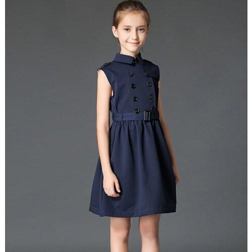 BURBULLY Fashion Summer Girls Dress Child Khaki Slim with Waistband England Style A Line Kenn Length Clothing High Quality