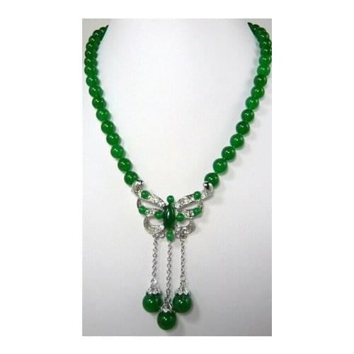Fashion 8mm Emerald Green Jade Beads Crystal Butterfly Pendant Necklace 24"