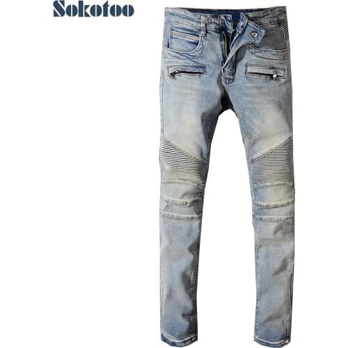 Sokotoo Mens classic vintage blue stretch denim biker jeans for moto Plus size patchwork slim fit pants