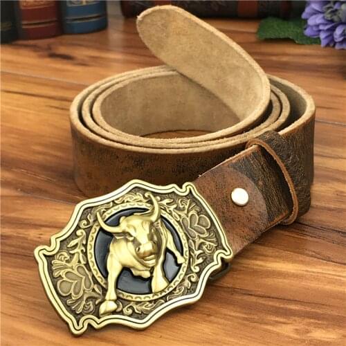 Brass Bull Cowboy Belt Buckle Leather Belt Men Jeans Men Belt Leather Genuine Waist Yellow Belts For Men Wide Male Strap MBT0524