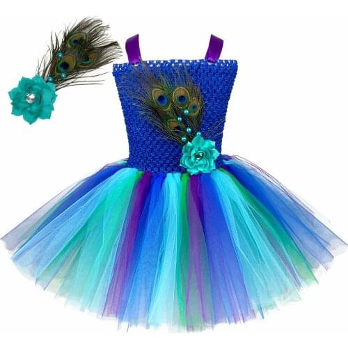 Fancy Peacock Girls Dress Kid Halloween Costume Child Peacock Feather Tutu Dress Birthday Carnival Spring Recital Clothes Outfit
