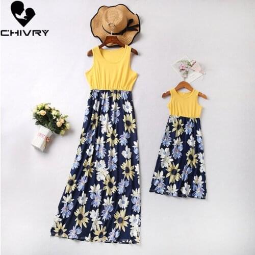 New 2020 Mother Daughter Dresses Sleeveless Patchwork Floral Print Dress Mom and Daughter Sundress Family Matching Clothes