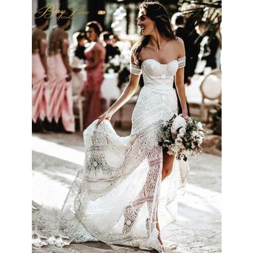 Strapless Mermaid Wedding Dress Lace Bohemian Wedding Dress Sweetheart Court Train Simple Bridal Gowns 2021 Elegant