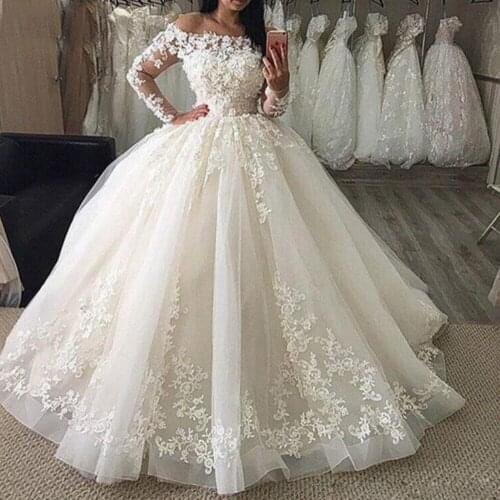 Luxury Long Sleeves Off The Shoulder Ball Gown Wedding Dresses Lace Applique Princess Wedding Gowns robe de mariage 2020