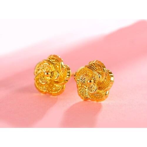 Pure Gold Color Stud Earrings for Women Lovely Flower Earing Brincos Femme Pendientes Wedding Bridal Jewelry Accessory Bijoux