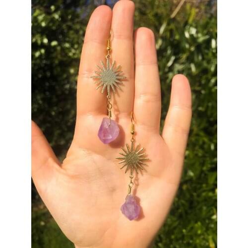 Amethyst Crystal Nugget Earrings - brass, wire wrapped celestial crystal jewellery handmade points sun charms sunburst boho hipp