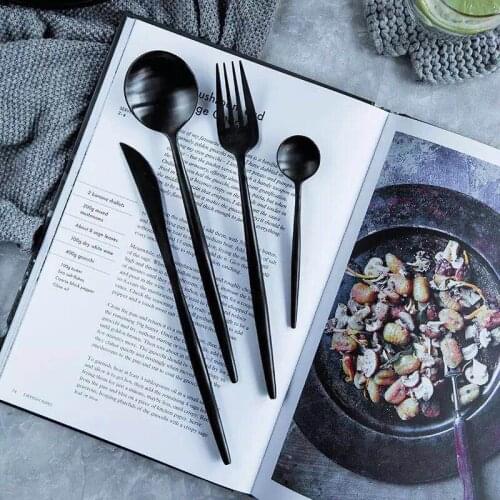 QL Stainless Steel Cutlery Tableware Dinner Set Forks Knives Scoop Set Silverware Set Titanium black kitchen food dinnerware