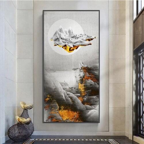 Traditional Chinese Abstract Gold Mountain Stone Picture Canvas Painting Wall Art Print Poster for Living Room Home Office Decor