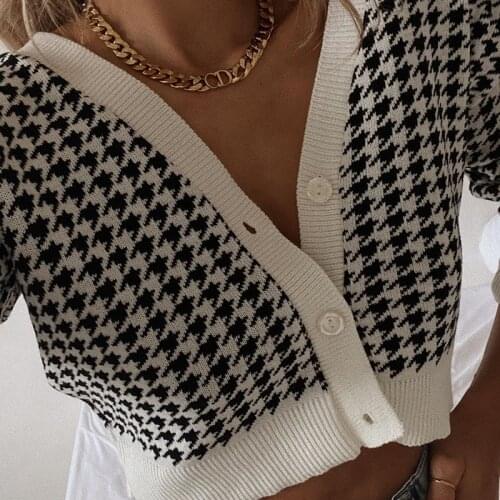 Houndstooth Print Crop Tops Cardigan Women Elegant Long Sleeve V Neck Short Sweater Woman Autumn Vintage Knitwear Mujer 2021