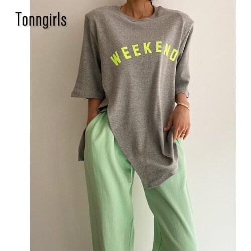 Tonngirls Streetwear Korean Tops Split Design Womens T-shirt Short Sleeve Print Letter Ladies T Shirt Vintage 2021 Summer Chic