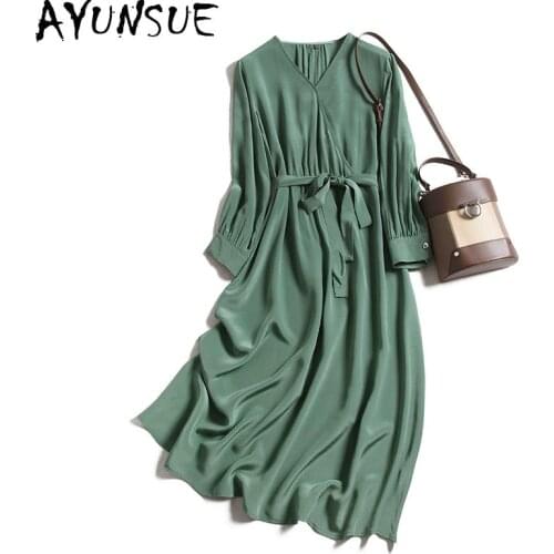 AYUNSUE Spring Dress 2021 New Summer Real Silk Dress Women Elegant Green High Quality Dresses Vestidos De Mujer Casual KJ7136