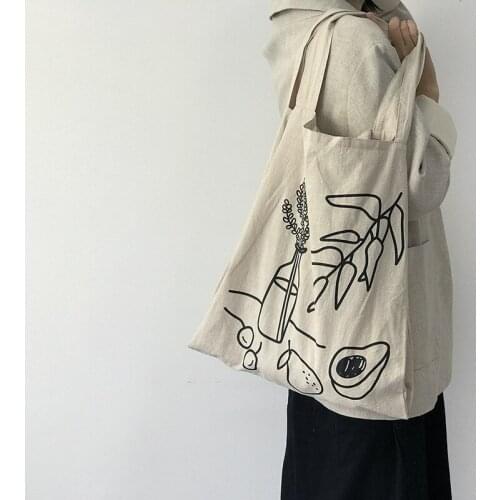 Vintage Cotton Linen Canvas Shoulder Bag Women Korean Ins Printed Eco Handbag Tote Reusable Foldable Shopper Bag Student Bookbag