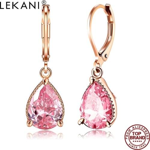 LEKANI Drop Earrings For Women Sweet Romantic Female Earring Inlay Pink Water Drop Clear Zircon Festival Gift Fashion Jewelry