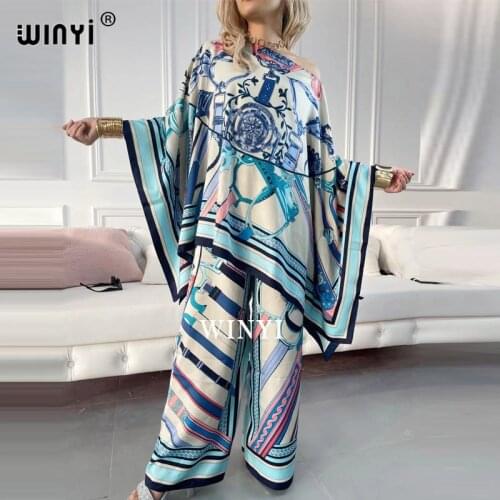 WINYI two-piece suit Bohemian Printed Over Size ماكسي اللب Batwing Sleeve Dress Women Elastic Silk Floor Length New Fashion Tide
