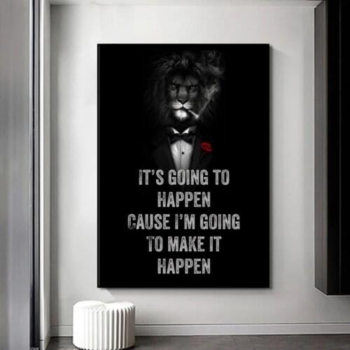 Funny Animal Black White Lion In Suit Motivational Quotations Posters and Prints Office Canvas Paintings Wall Art Pictures Decor