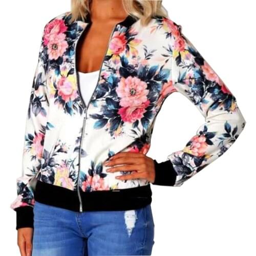 Woman Coat Plus Size Printed Bomber Jacket 2020 Women Pockets Zipper Long Sleeve Coat Female Flower Chiffon White Jacket Woman
