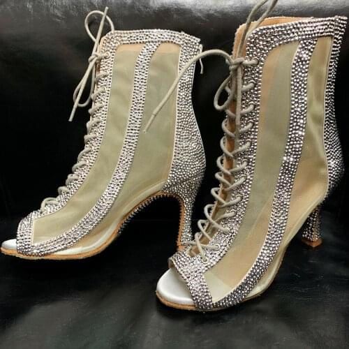 Evkoodance Women Rhinestone Dance Shoes Silver Glitter Dance Boots Women Party Latin Salsa Ballroom Dance Shoes Girls Dancing