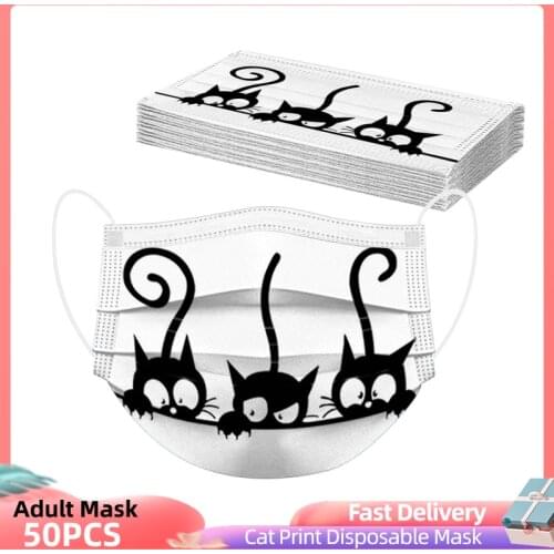 10/50/100pcs Mascarillas Desechables Adult Cats Animal Printing Three Layer Mask Mask For Face Masque Halloween Mask Cosplay