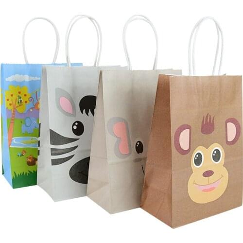 5pcs/lot Jungle Safari Animals Paper Gift Bags Handbags Birthday Party Decoration Event Supplies Kraft Paper Candy Cookies Bag