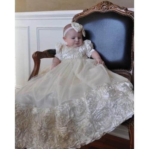 White Ivory Floral Lace Baby Girls Christening Gown Neck Infant Girls Dedication Gown Christening Dress Baptism Gown With Bonnet