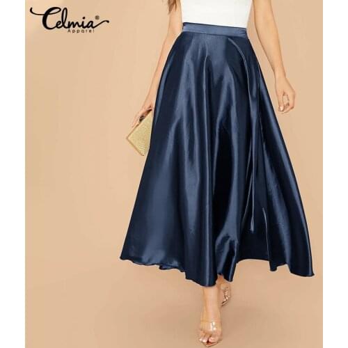Celmia Women High Waist Satin Skirts 2021 Fashion Elegant Party Maxi Skirt Pleated Casual Solid Color A-line Skirt Streetwear