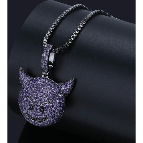 Hip Hop Purple Little Demon Evil Red Eyes Black Eyes Necklace Pendant With CZircon Fashion For Men Women Rock Jewelry
