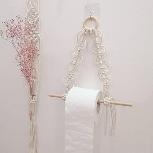 Wall hanging type wooden stick rack for roll paper holder decorative rope hand-woven storage rack