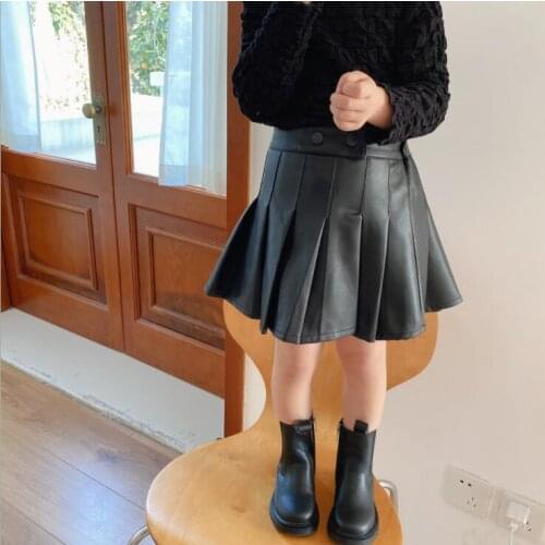 New Girls Skirts School Kids PU Leather Draped Skirt Casual Girls Clothing Autumn Winter Girls Skirts 1 2 3 4 5 6 7 8 Years