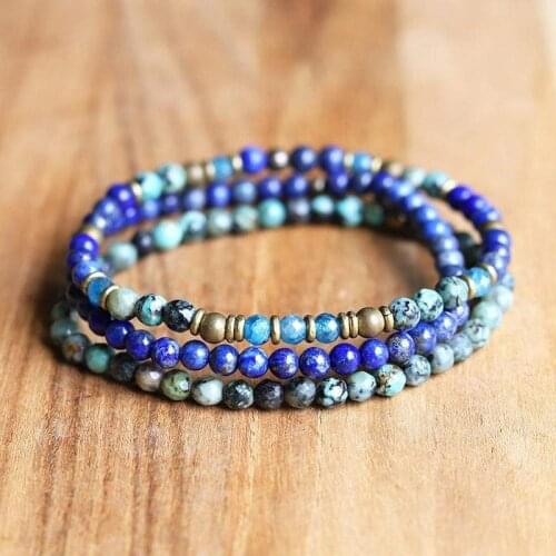 OAIITE 3 pcs Natural Faceted Lapis Lazuli African Turquoise Beads Bracelet Set For Women Men Stretch Charm Bangle Yoga Jewelry